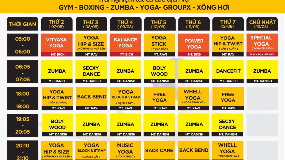 THỜI KHÓA BIỂU CÁC LỚP ZUMBA & DANCE